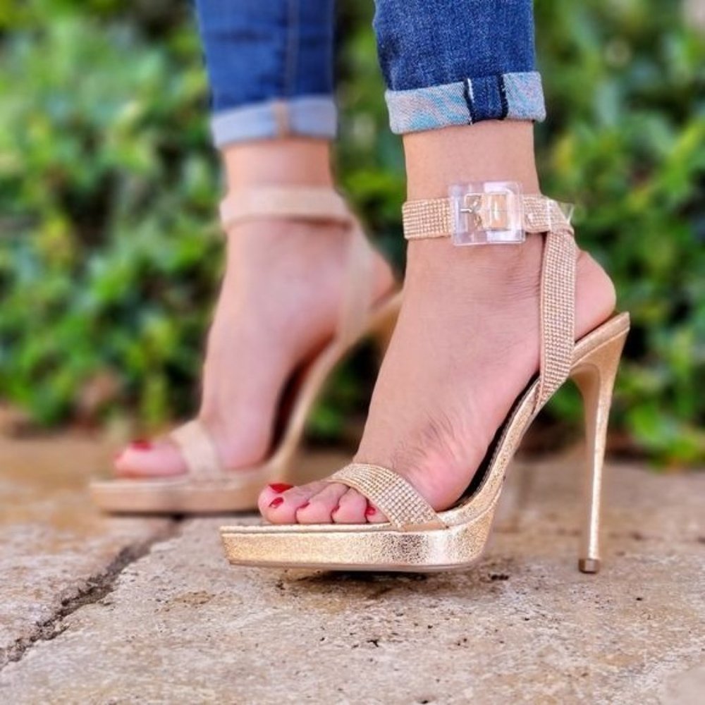 Women's Ankle Strap Rhinestone High Heels Pointy Toe RoseGold Color